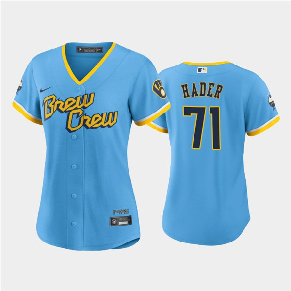 Women's Milwaukee Brewers #71 Josh Hader 2022 Powder Blue City Connect Cool Base Stitched Jersey(Run Small)